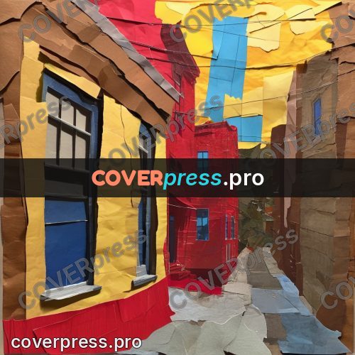 Torn paper collage: red and yellow houses