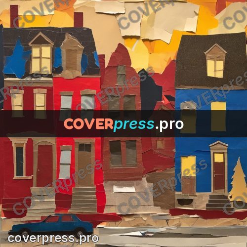 Torn paper collage: red and yellow houses