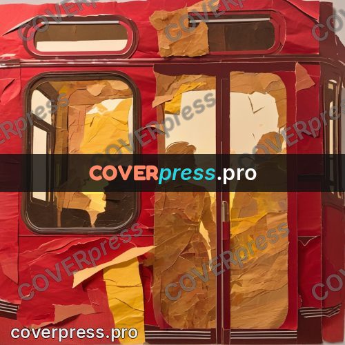 Torn paper collage: red tram in a street