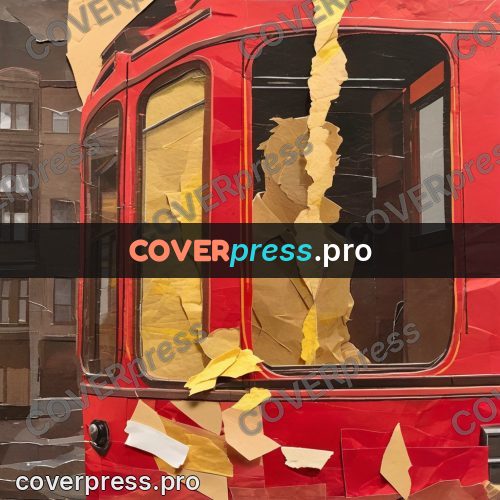 Torn paper collage: red tram in a street