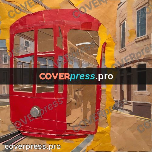 Torn paper collage: red tram in a street