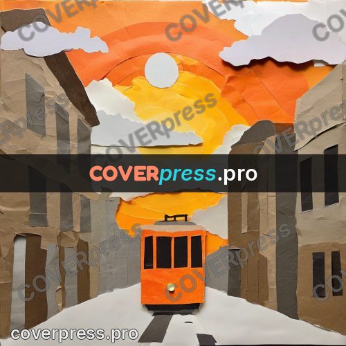 Torn paper collage: tram under a cloudy sky