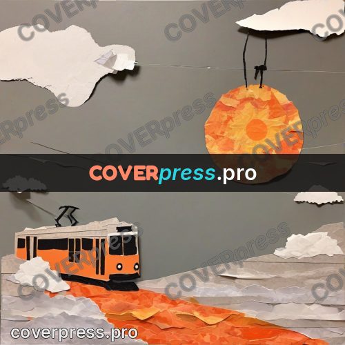 Torn paper collage: tram under a cloudy sky