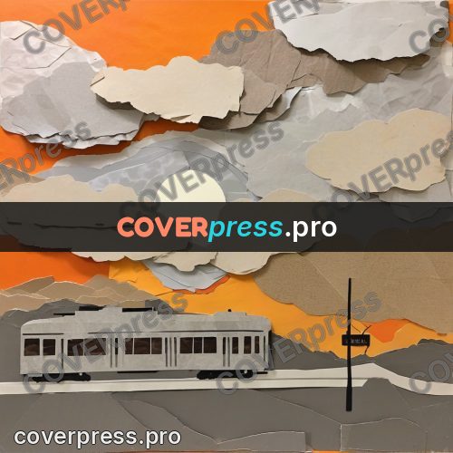 Torn paper collage: tram under a cloudy sky