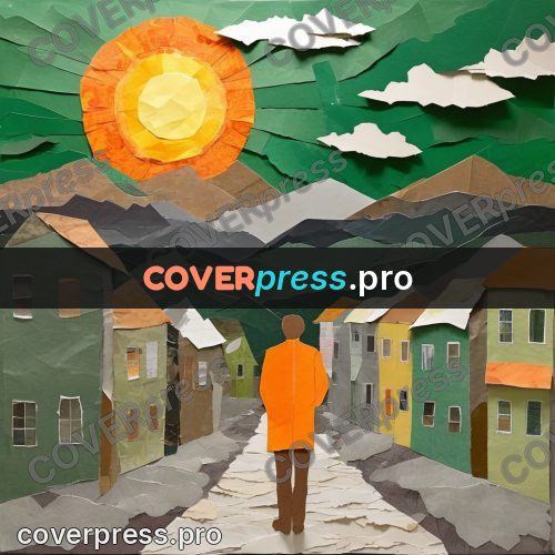 Torn paper collage: man looking at the sun