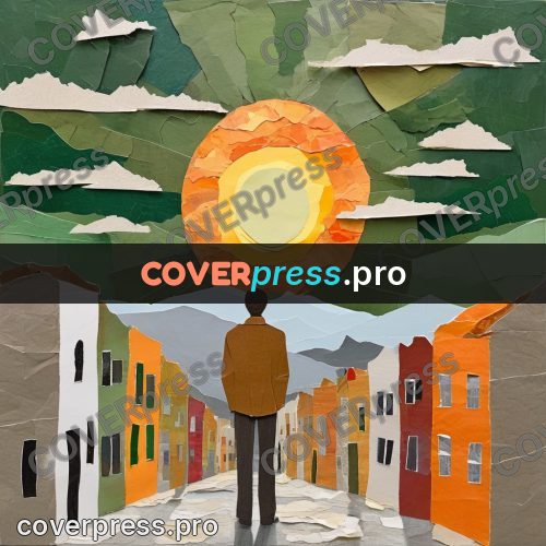 Torn paper collage: man looking at the sun
