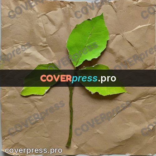 Torn paper collage: green leaf on kraft