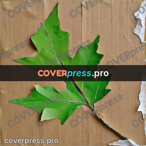 Torn paper collage: green leaf on kraft