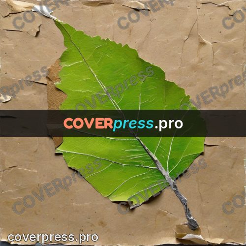 Torn paper collage: green leaf on kraft