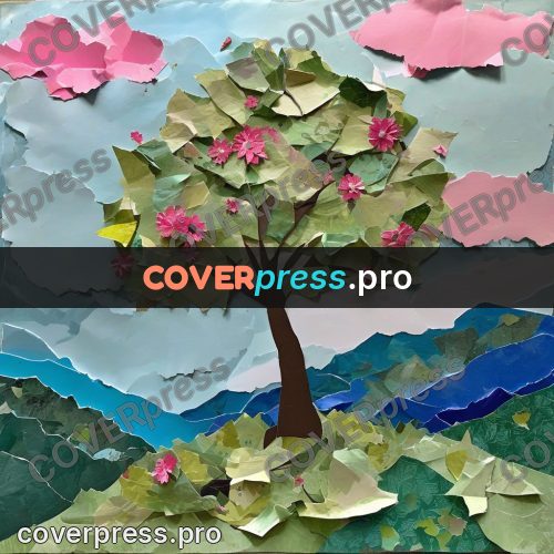 Torn paper collage: flowering tree on a hill