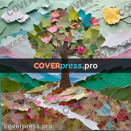 Torn paper collage: flowering tree on a hill