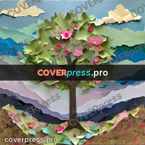 Torn paper collage: flowering tree on a hill