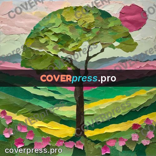 Torn paper collage: tree above a blooming meadow