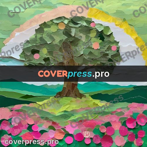 Torn paper collage: tree above a blooming meadow