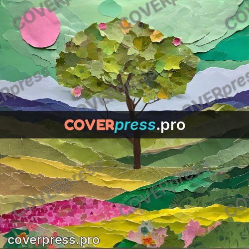 Torn paper collage: tree above a blooming meadow