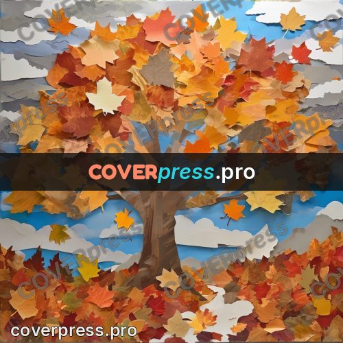 Torn paper collage: tree with autumn leaves