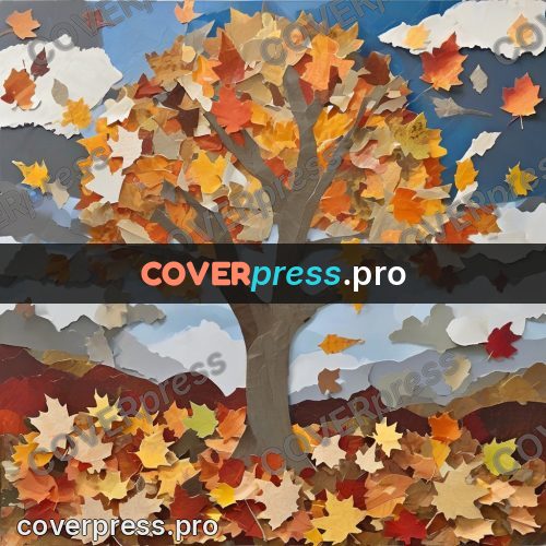 Torn paper collage: tree with autumn leaves