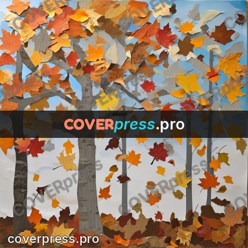 Torn paper collage: tree with autumn leaves