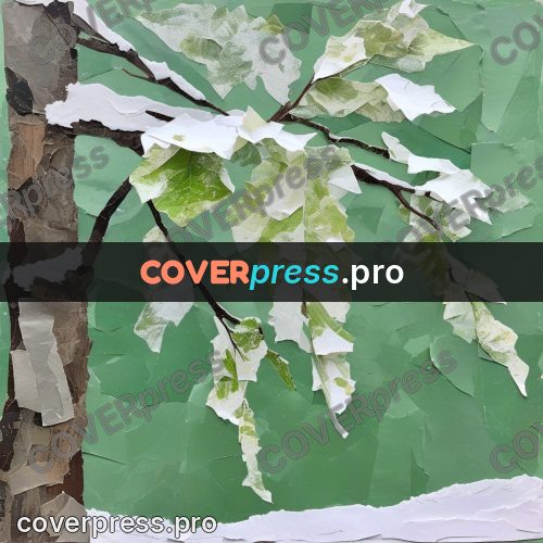 Torn paper collage: tree under snow