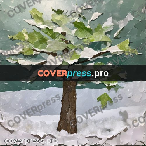 Torn paper collage: tree under snow
