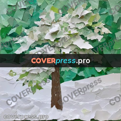 Torn paper collage: tree under snow