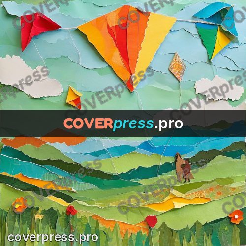 Torn paper collage: kites above green hills