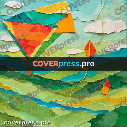 Torn paper collage: kites above green hills
