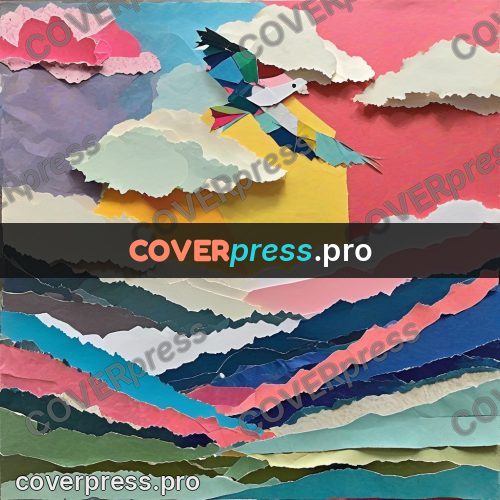 Torn paper collage: bird above the mountains