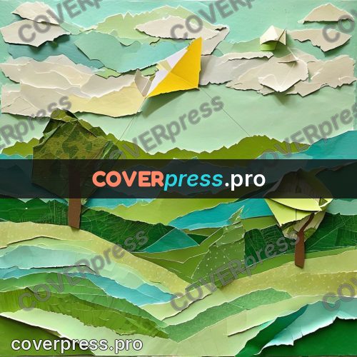 Torn paper collage: kite over a green valley