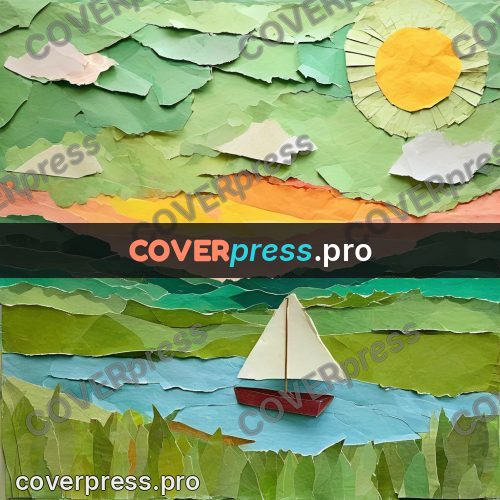 Torn paper collage: boat on a lake