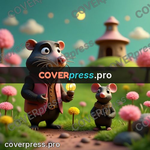 Miniature scene: mole with a lantern among flowers