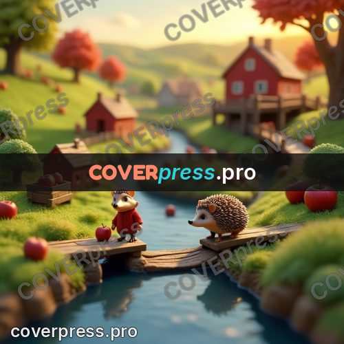 Miniature scene: hedgehog on a bridge with apples