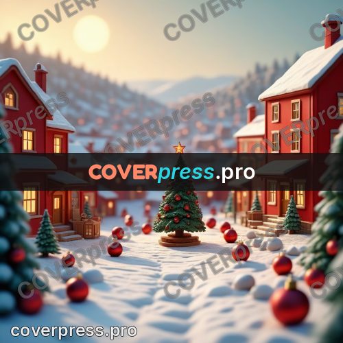 Miniature scene: decorated tree among red houses