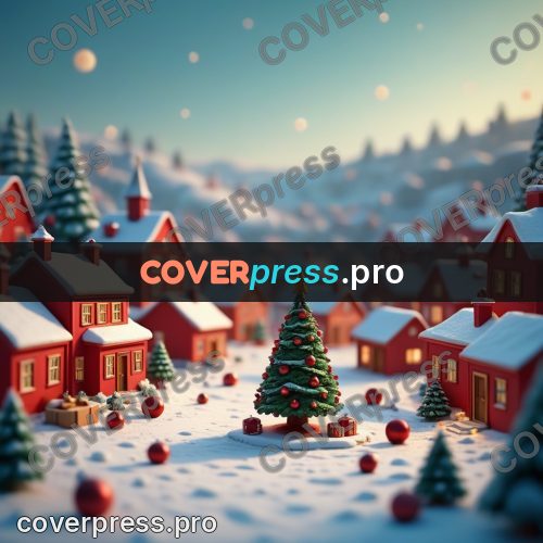 Miniature scene: decorated tree among red houses