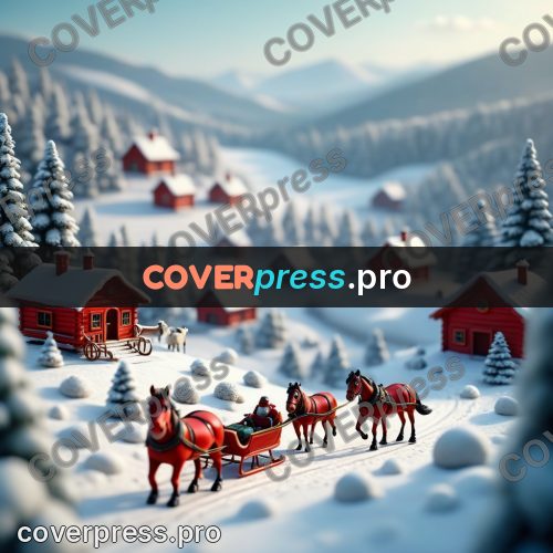 Miniature scene: sleigh with horses in a village