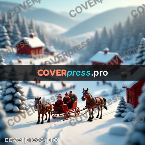 Miniature scene: sleigh with horses in a village