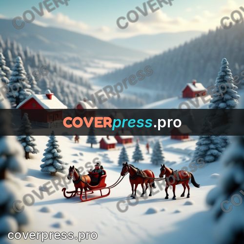 Miniature scene: sleigh with horses in a village