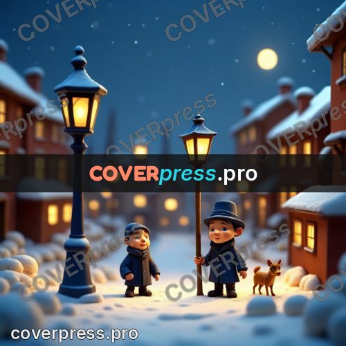 Miniature scene: lamplighter by a lit street lamp