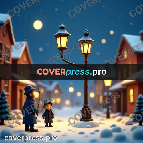 Miniature scene: lamplighter by a lit street lamp