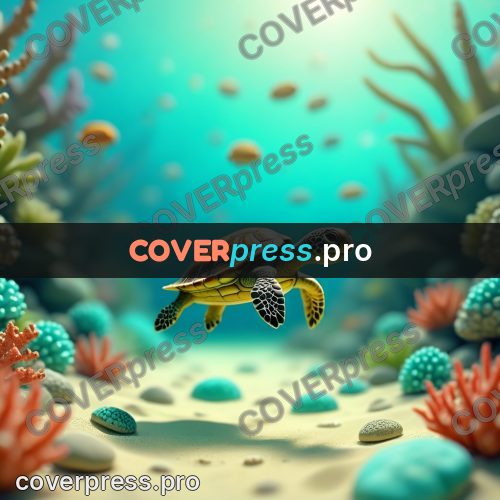 Miniature scene: turtle swimming among corals