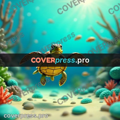 Miniature scene: turtle swimming among corals