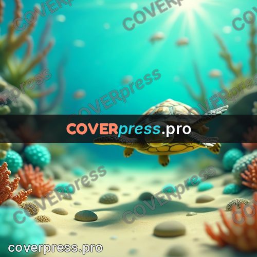 Miniature scene: turtle swimming among corals