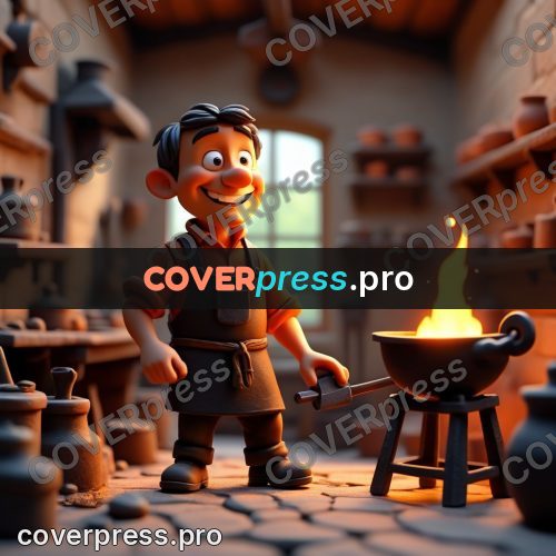 Miniature scene: blacksmith by the forge fire