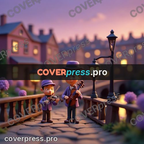 Miniature scene: violinist by a street lamp
