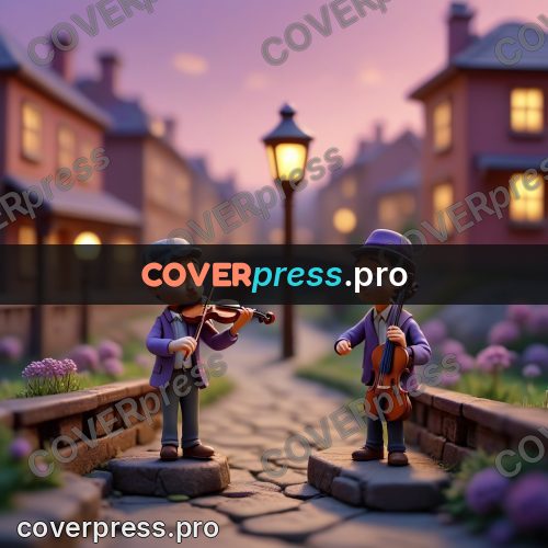 Miniature scene: violinist by a street lamp