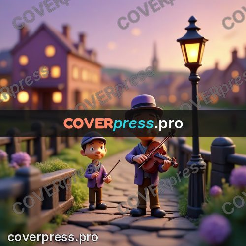 Miniature scene: violinist by a street lamp