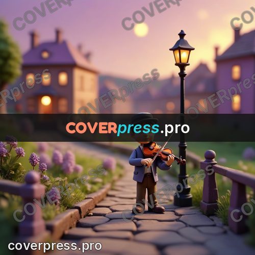 Miniature scene: violinist by a street lamp