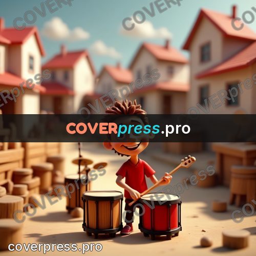 Miniature scene: drummer with drums in a yard