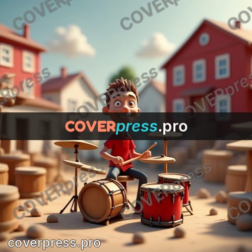 Miniature scene: drummer with drums in a yard