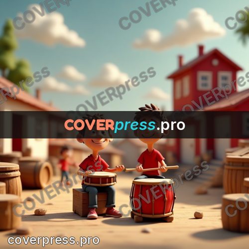 Miniature scene: drummer with drums in a yard